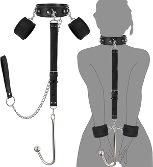 Bondage Collar Anal Hook Sex Leash Bondage Harness Set with Adjustable Handcuffs & Chain Leash Collar SM