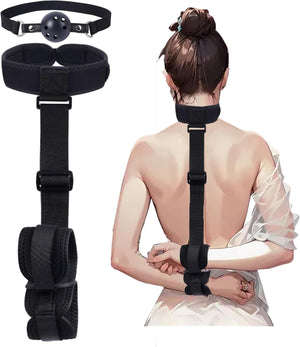 BDSM Bondage Neck to Wrist Restraints Kit with Ball Gag Couples Sex Toys Roleplay & Bedroom Fun