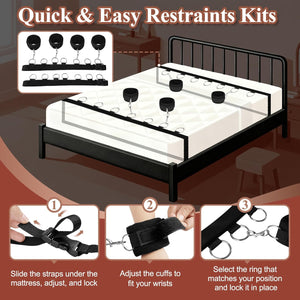 Sex Bondage BDSM Kit for Couples, Under Bed Restraints System with Adjustable Wrist & Ankle Cuffs